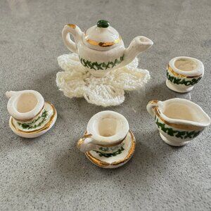 Miniature Artisan Tea Set Picnik Teapot Porcelain Doily Dollhouse Vintage Lot